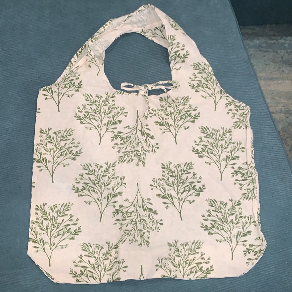 Cream and sage floral green reusable linen tote bag with ties new